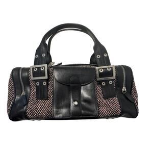 Versace Vintage Black Leather & Pink Herringbone Tweed Barrel Handbag